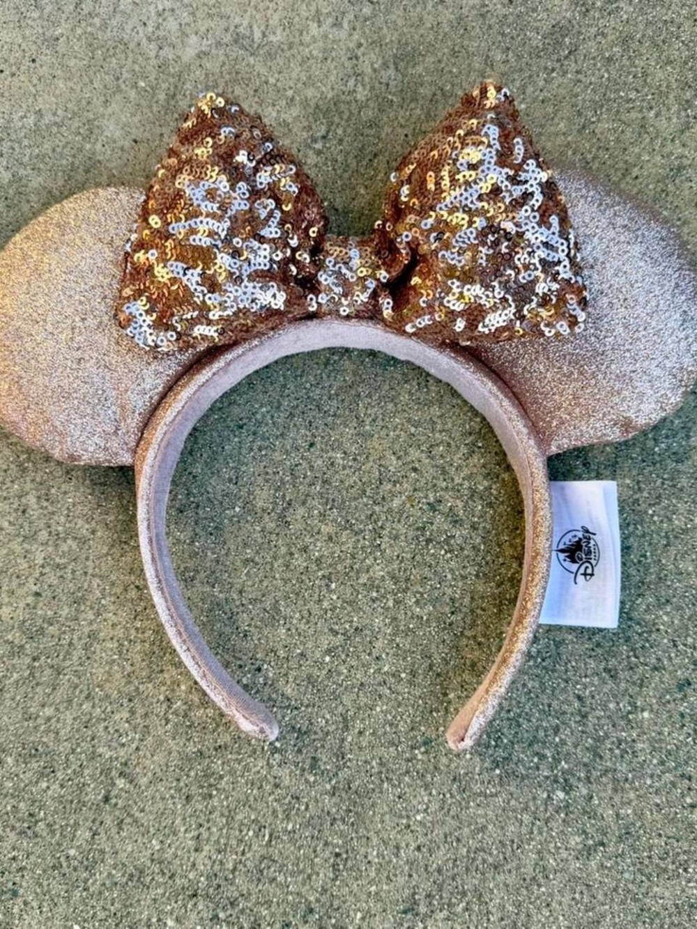 Disney Rose Gold Sequin Minnie Ears Headband with Glitter Bow